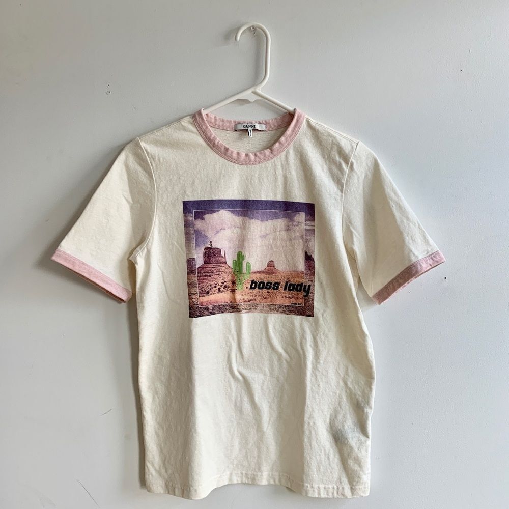 Ganni Cream and Pink Short Sleeve Tee